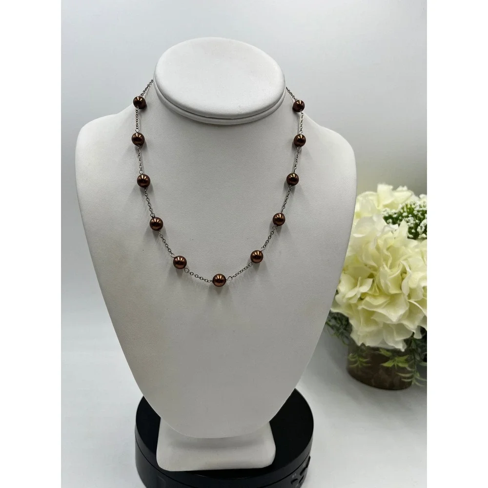 Round Chocolate Brown Freshwater Tin Cup Pearl Sterling Silver Link Necklace 16